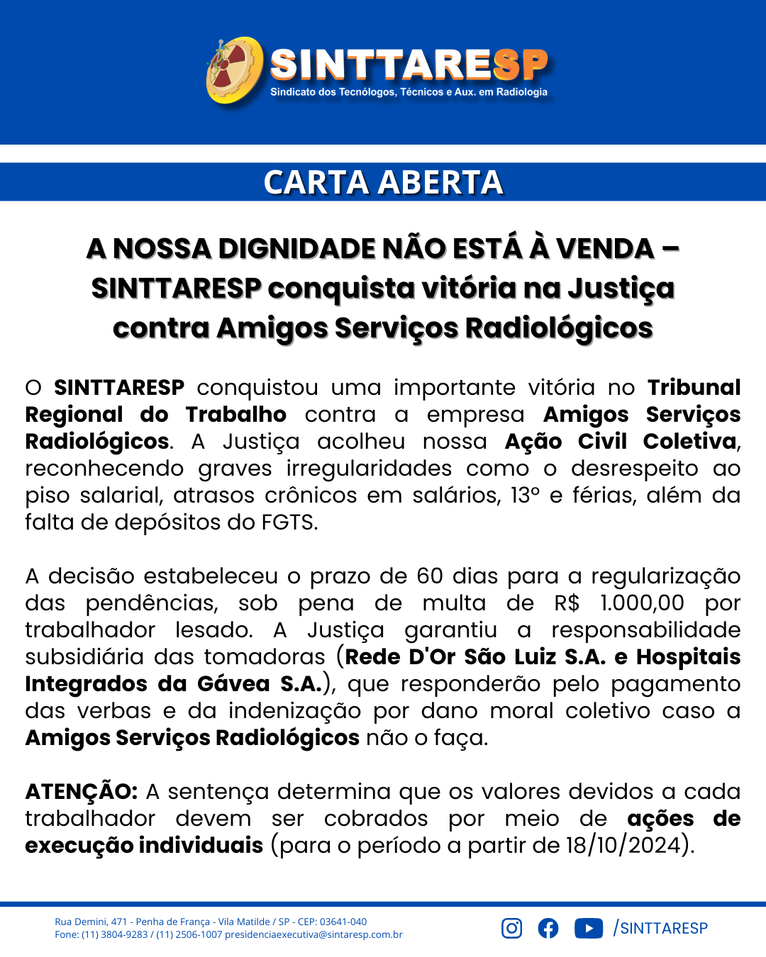 Capa do jornal CARTA ABERTA - A NOSSA DIGNIDADE NÃO ESTÁ À VENDA – SINTTARESP CONQUISTA VITÓRIA NA JUSTIÇA CONTRA AMIGOS SERVIÇOS RADIOLÓGICOS