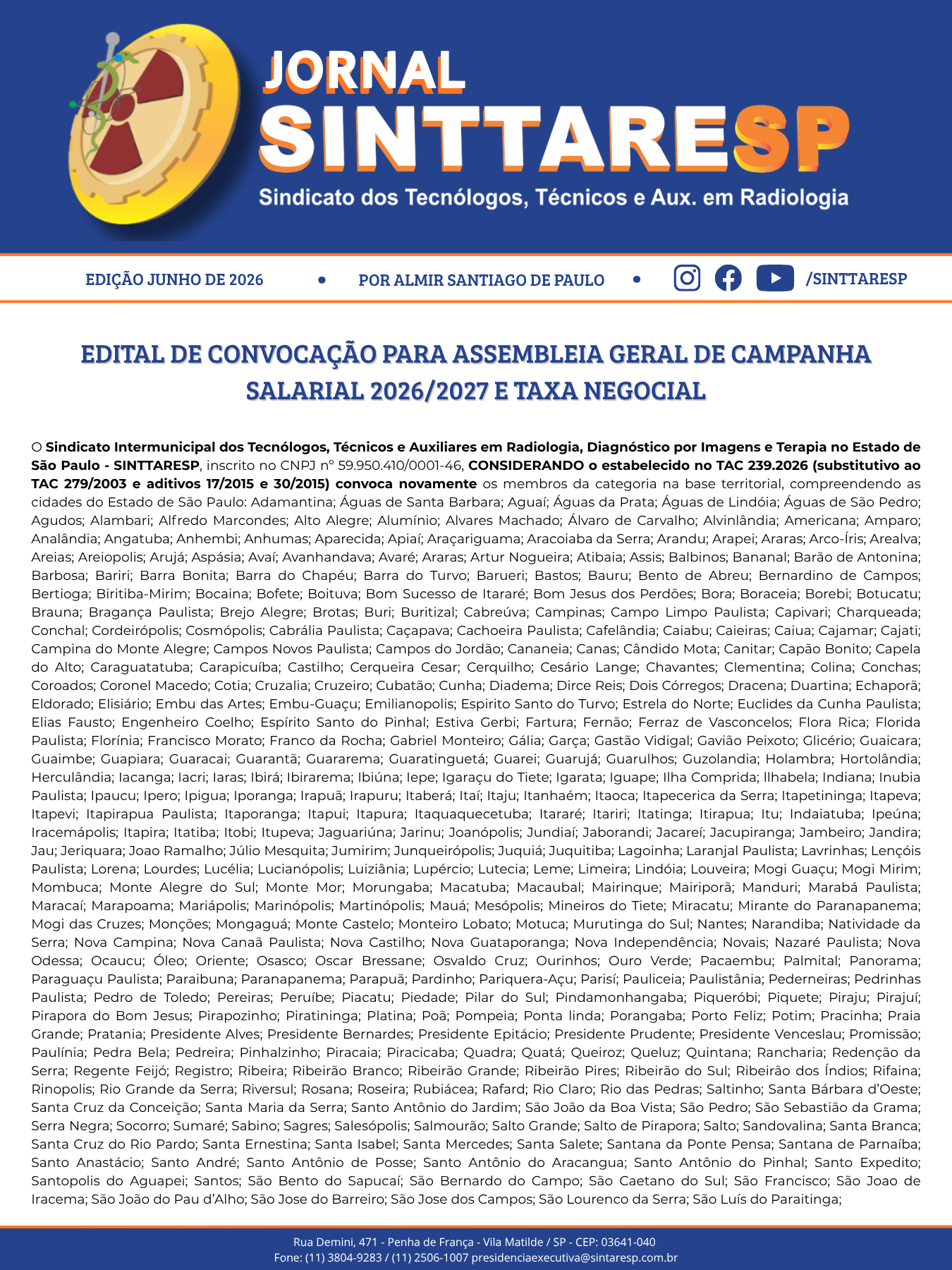 Capa do jornal JORNAL SINTTARESP - JUNHO DE 2026