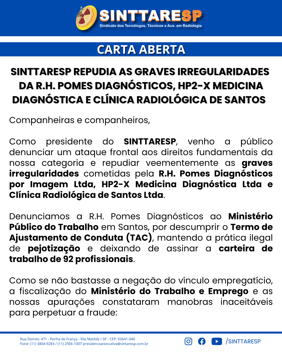 Capa do jornal CARTA ABERTA - SINTTARESP REPUDIA AS GRAVES IRREGULARIDADES DA R.H. POMES DIAGNÓSTICOS, HP2-X MEDICINA DIAGNÓSTICA E CLÍNICA RADIOLÓGICA DE SANTOS