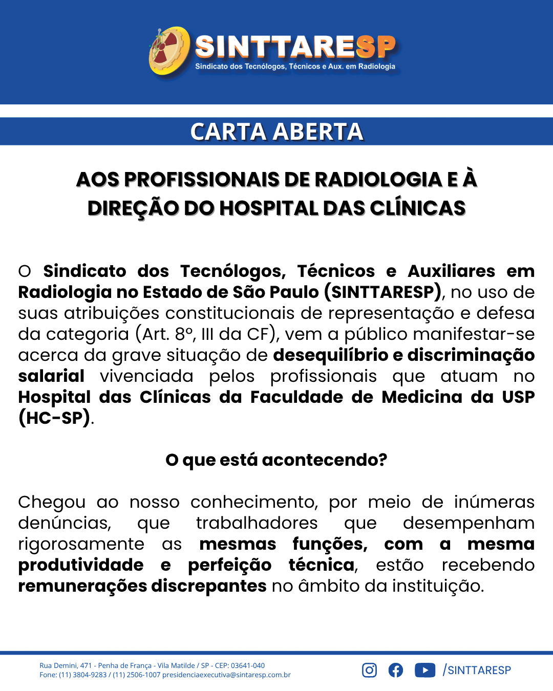 Capa do jornal CARTA ABERTA - AOS PROFISSIONAIS DE RADIOLOGIA E À DIREÇÃO DO HOSPITAL DAS CLÍNICAS