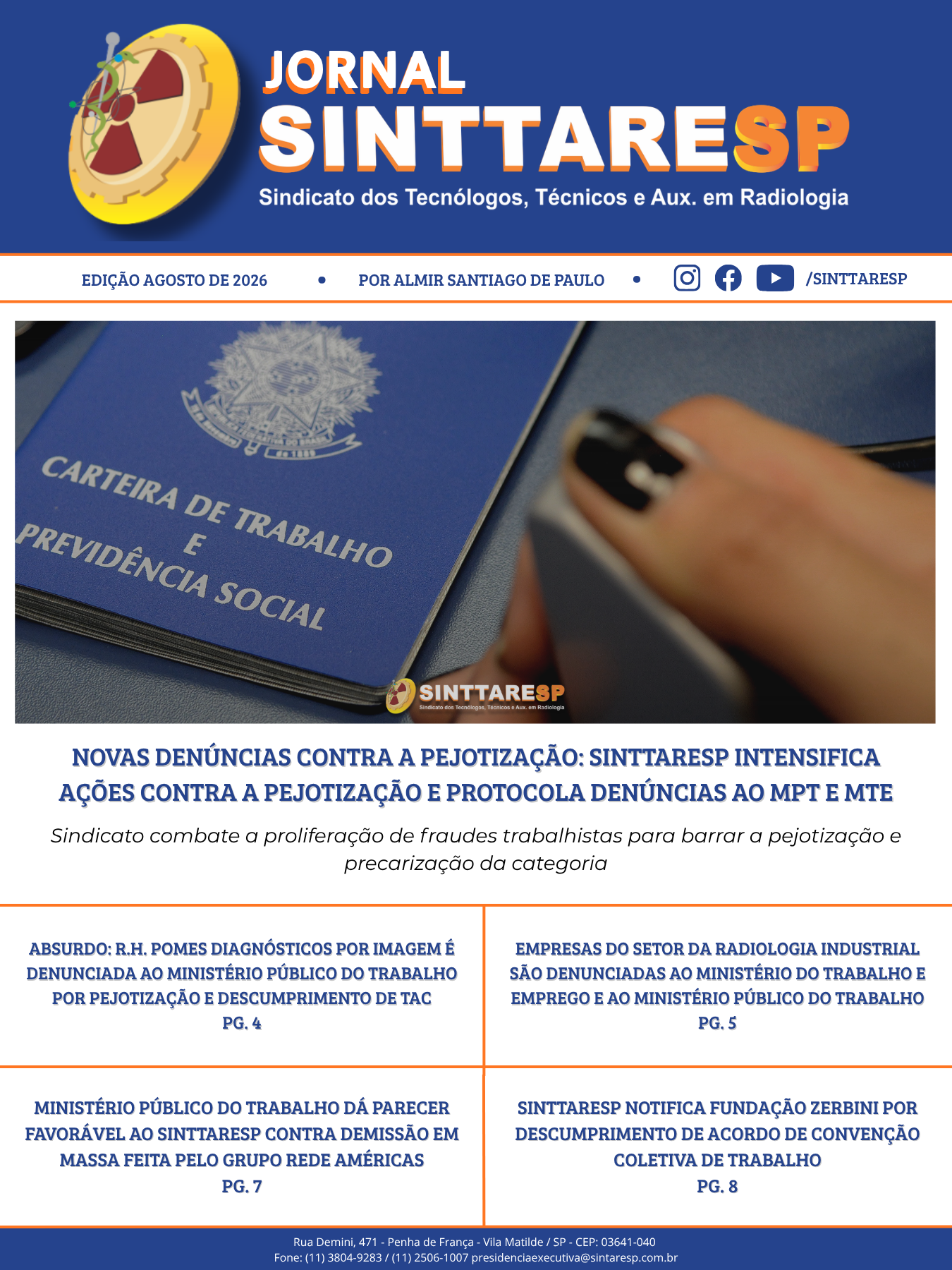 Capa do jornal JORNAL SINTTARESP - AGOSTO DE 2026